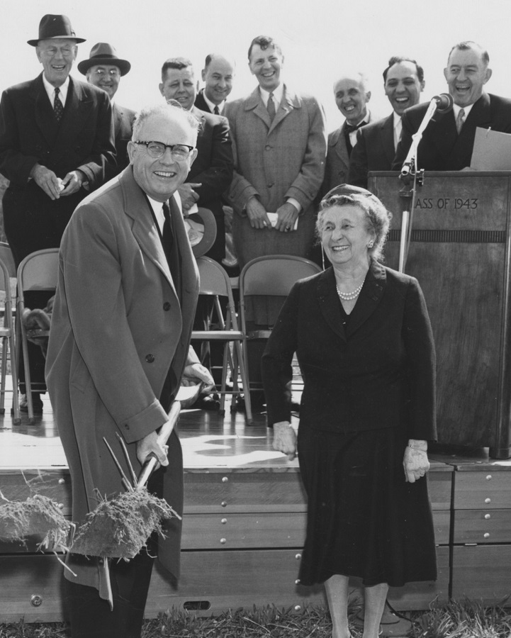 Durward B. Varner (center back) watches as Mrs. Wilson breaks ground for the first MSUO building on May 2, 1958