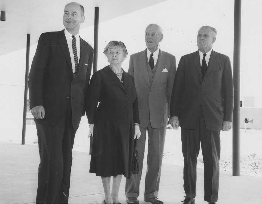 From left to right: Chancellor Varner, Matilda and Alfred Wilson, President Hannah of Michigan State University.
